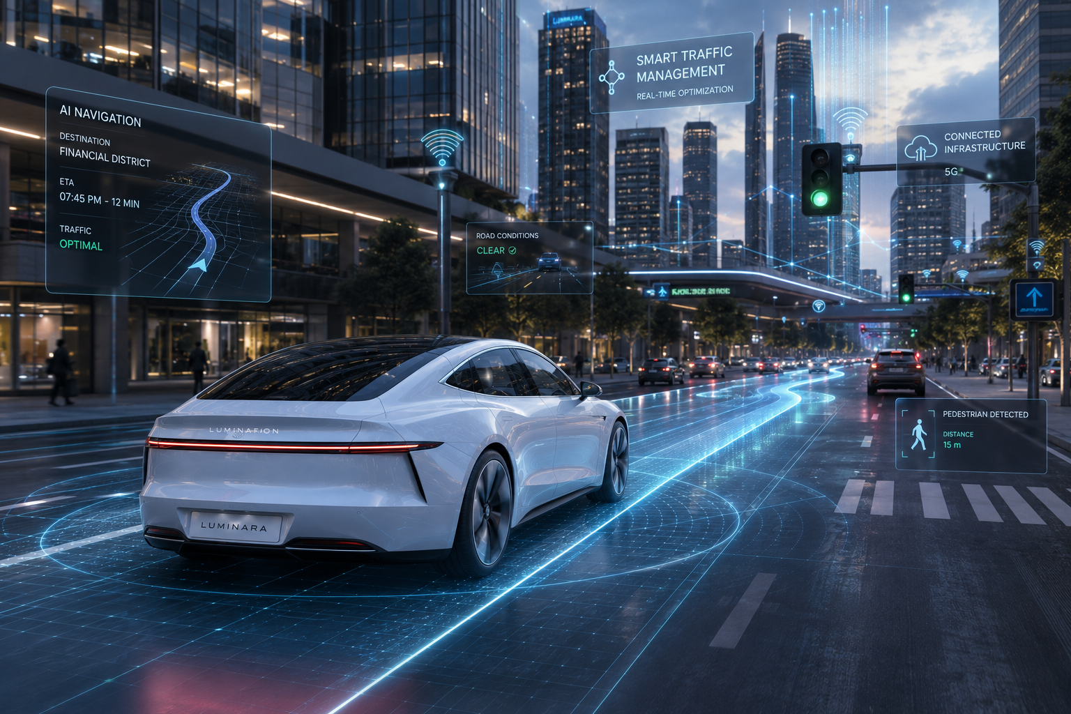LUMINARA S1 driving autonomously through a city at night, sensor field visualized around the car