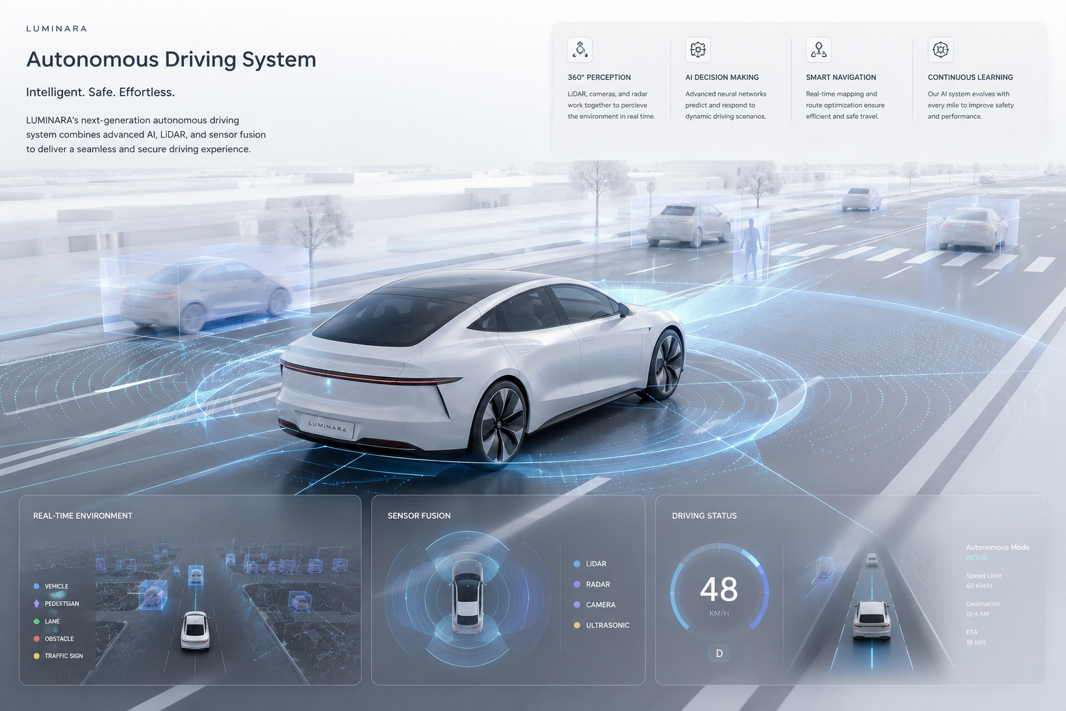 LUMINARA autonomous driving system — real-time environment, sensor fusion and driving status panels