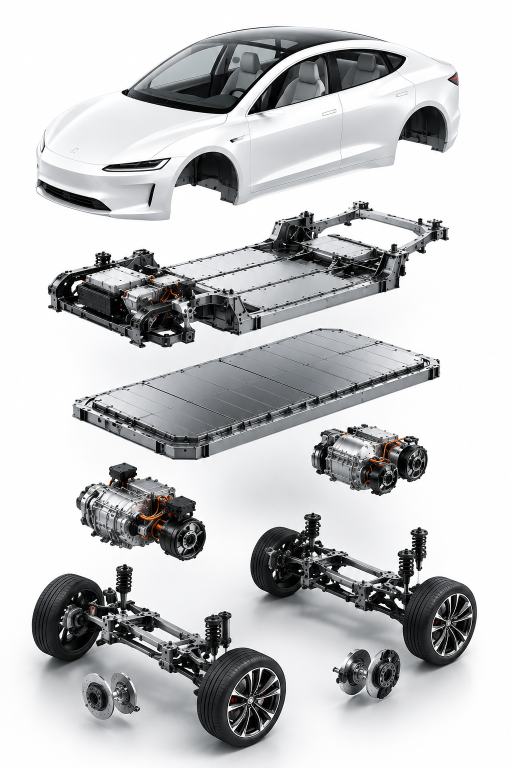 Exploded view of the LUMINARA S1 — body, frame, battery pack, motors and suspension