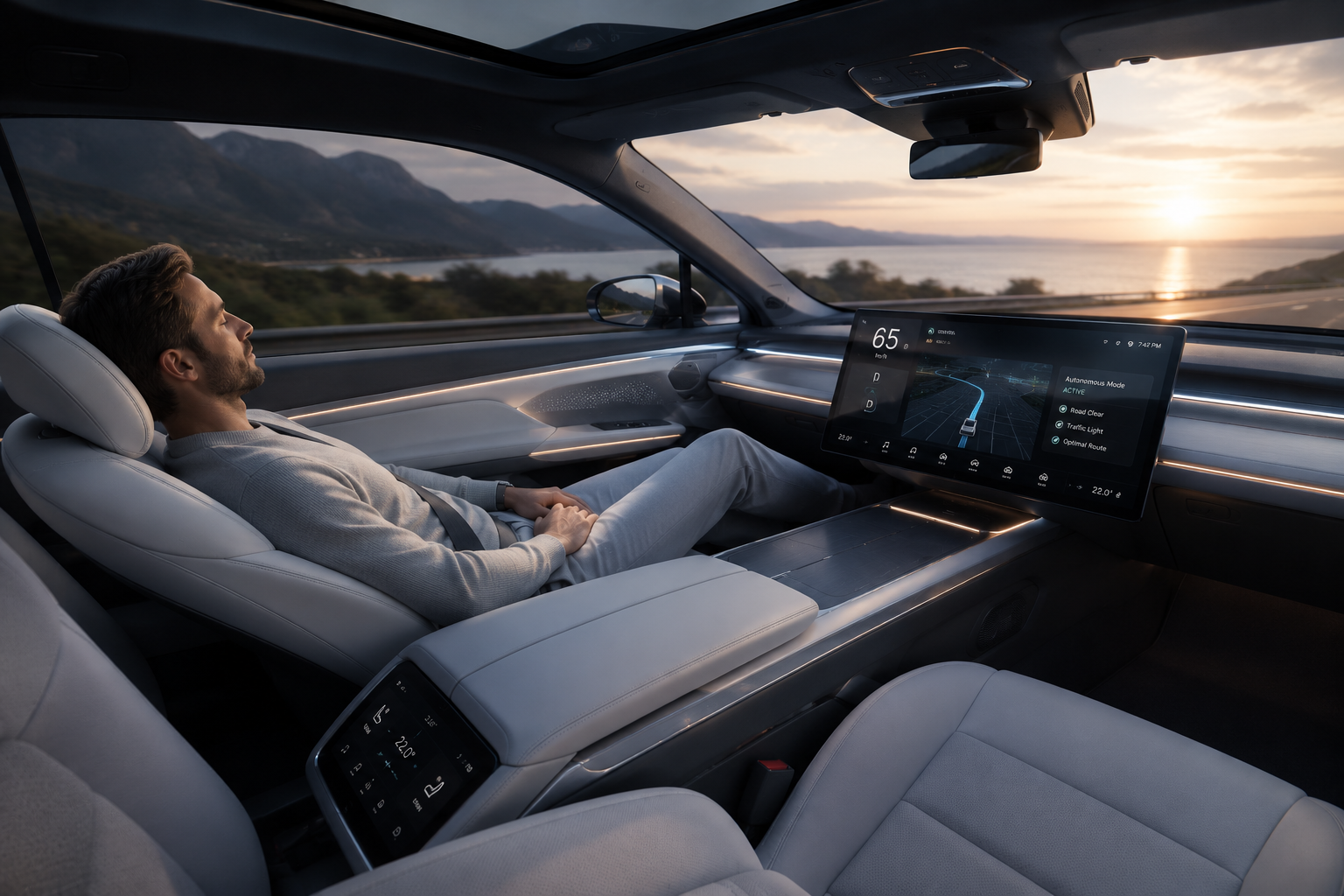 LUMINARA S1 cabin at sunset — driver reclined while the car drives itself along the coast